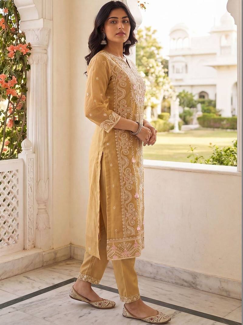 Women Floral Embroidered Regular Thread Work Kurta with Trousers & With Dupatta