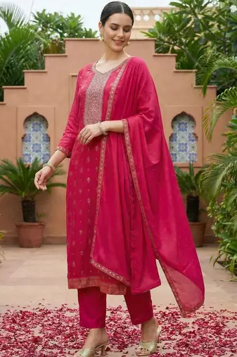 Women Ethnic Motifs Printed Regular Thread Work Kurta With Trousers & Dupatta