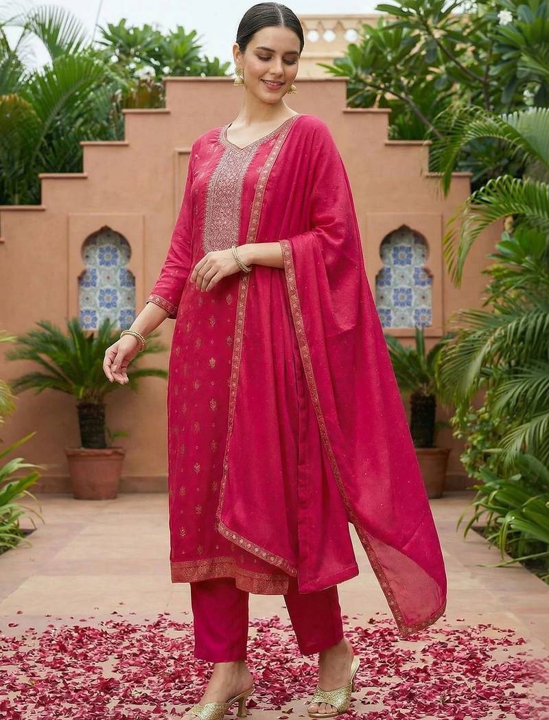 Women Ethnic Motifs Printed Regular Thread Work Kurta With Trousers & Dupatta