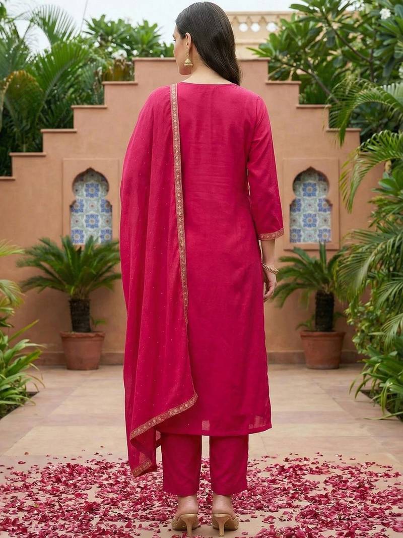 Women Ethnic Motifs Printed Regular Thread Work Kurta With Trousers & Dupatta