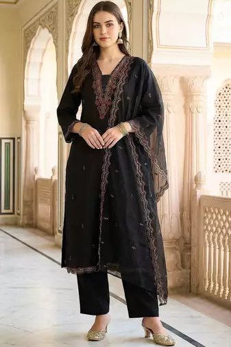 Women Ethnic Motifs Embroidered Regular Thread Work Kurta with Trousers & With Dupatta
