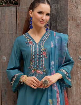 Floral Embroidered Thread Work Straight Kurta With Trousers & Dupatta 2