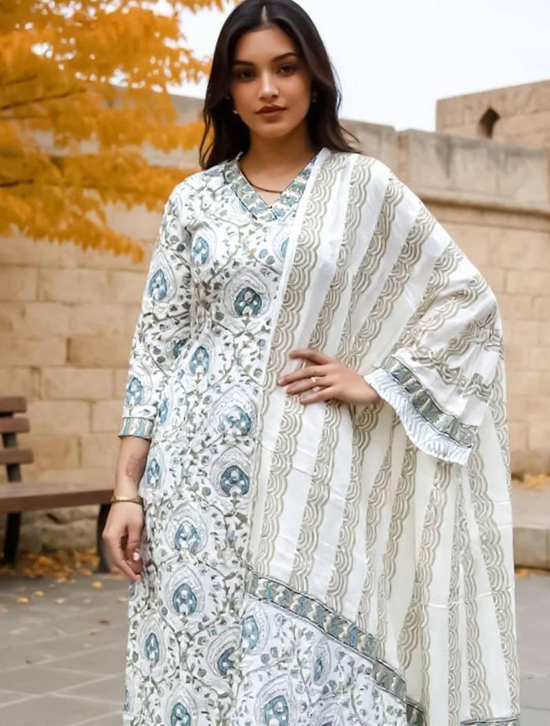 Women Ethnic Motifs Printed Cotton Kurta with Trousers & Dupatta