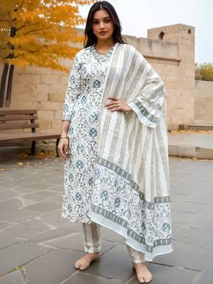 Women Ethnic Motifs Printed Cotton Kurta with Trousers & Dupatta 2