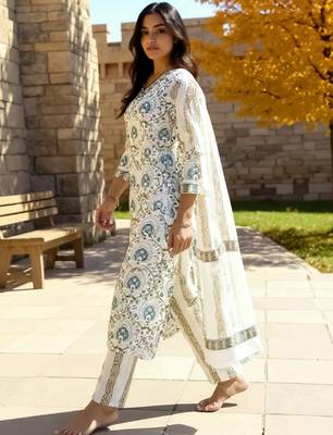 Women Ethnic Motifs Printed Cotton Kurta with Trousers & Dupatta 3