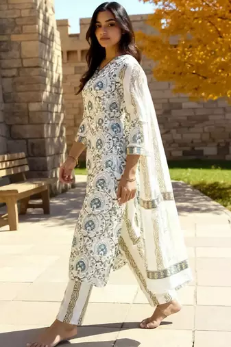Women Ethnic Motifs Printed Cotton Kurta with Trousers & Dupatta
