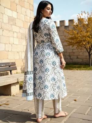 Women Ethnic Motifs Printed Cotton Kurta with Trousers & Dupatta 4
