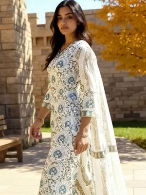Women Ethnic Motifs Printed Cotton Kurta with Trousers & Dupatta 5
