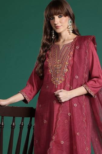 Floral Embroidered Kurta with Trousers & With Dupatta