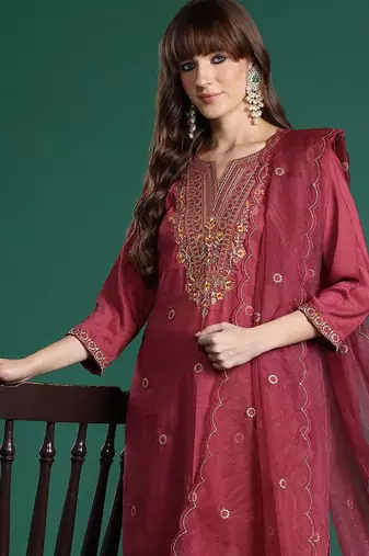 Floral Embroidered Kurta with Trousers & With Dupatta