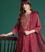 Floral Embroidered Kurta with Trousers & With Dupatta