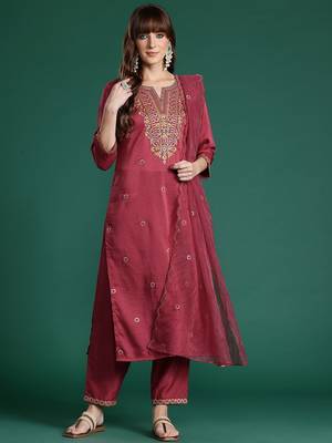 Floral Embroidered Kurta with Trousers & With Dupatta 5