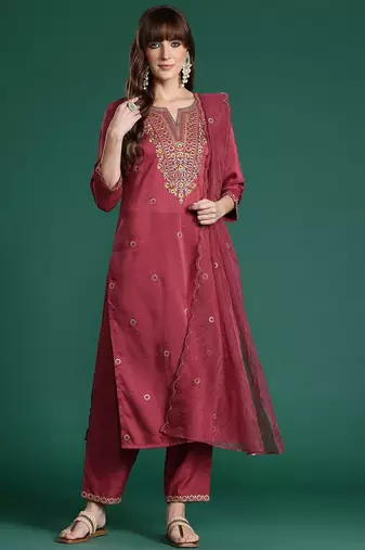 Floral Embroidered Kurta with Trousers & With Dupatta