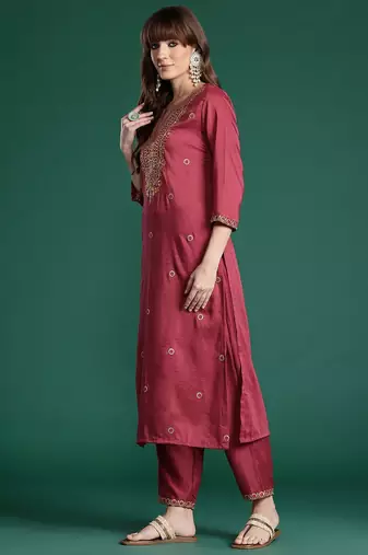 Floral Embroidered Kurta with Trousers & With Dupatta