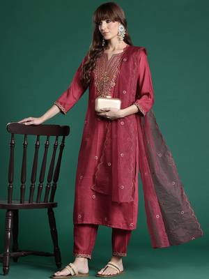 Floral Embroidered Kurta with Trousers & With Dupatta 8