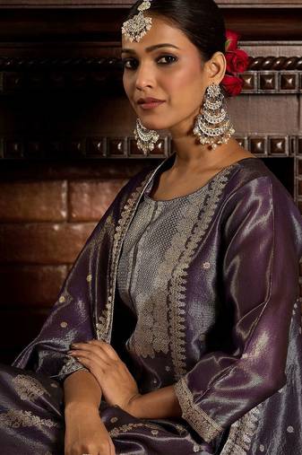 Women Ethnic Motifs Jacquard Zari Kurta with Trousers & With Dupatta