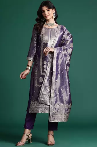 Women Ethnic Motifs Jacquard Zari Kurta with Trousers & With Dupatta