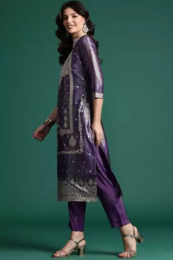 Women Ethnic Motifs Jacquard Zari Kurta with Trousers & With Dupatta