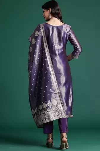 Women Ethnic Motifs Jacquard Zari Kurta with Trousers & With Dupatta
