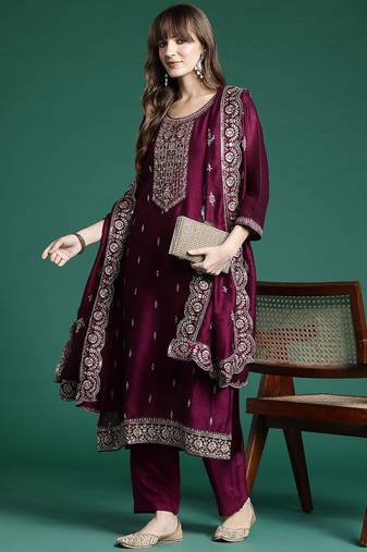 Ethnic Motifs Embroidered Sequinned Kurta with Trousers & With Dupatta