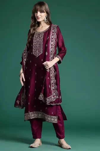 Ethnic Motifs Embroidered Sequinned Kurta with Trousers & With Dupatta