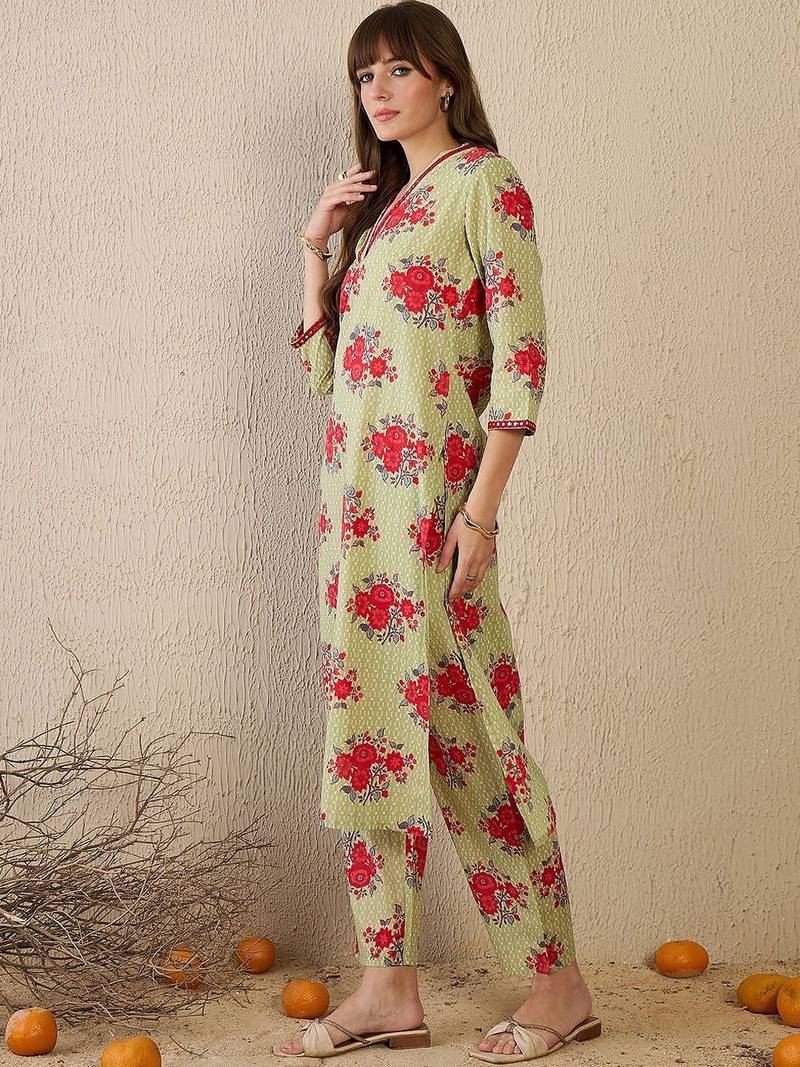 Women Floral Printed Regular Mirror Work Pure Cotton Kurta with Trousers