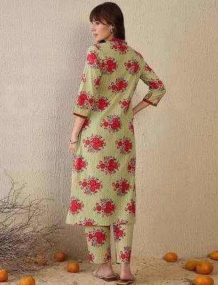 Women Floral Printed Regular Mirror Work Pure Cotton Kurta with Trousers 5