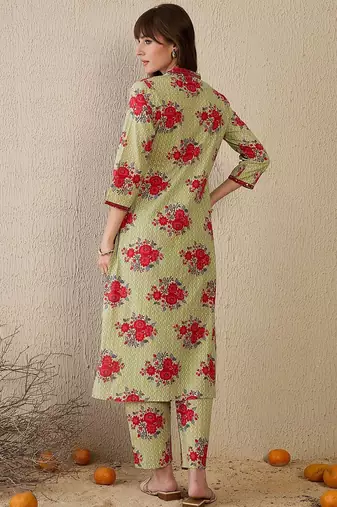 Women Floral Printed Regular Mirror Work Pure Cotton Kurta with Trousers