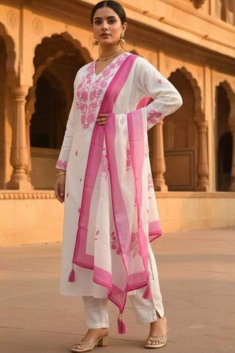 Women Floral Embroidered Regular Thread Work Kurta with Trousers & With Dupatta