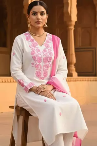 Women Floral Embroidered Regular Thread Work Kurta with Trousers & With Dupatta