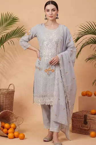 Women Floral Embroidered Regular Sequinned Pure Cotton Kurta with Trousers & With Dupatta