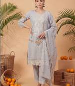 Women Floral Embroidered Regular Sequinned Pure Cotton Kurta with Trousers & With Dupatta