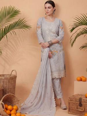 Women Floral Embroidered Regular Sequinned Pure Cotton Kurta with Trousers & With Dupatta 2