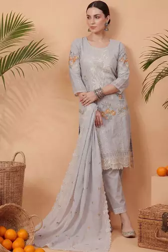 Women Floral Embroidered Regular Sequinned Pure Cotton Kurta with Trousers & With Dupatta