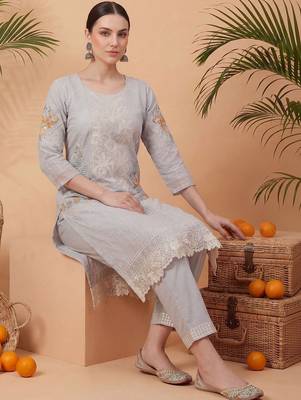Women Floral Embroidered Regular Sequinned Pure Cotton Kurta with Trousers & With Dupatta 5