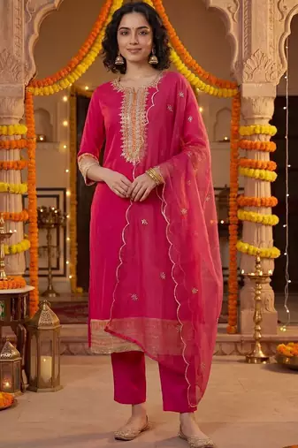 Women Ethnic Motifs Embroidered Regular Thread Work Kurta with Trousers & With Dupatta