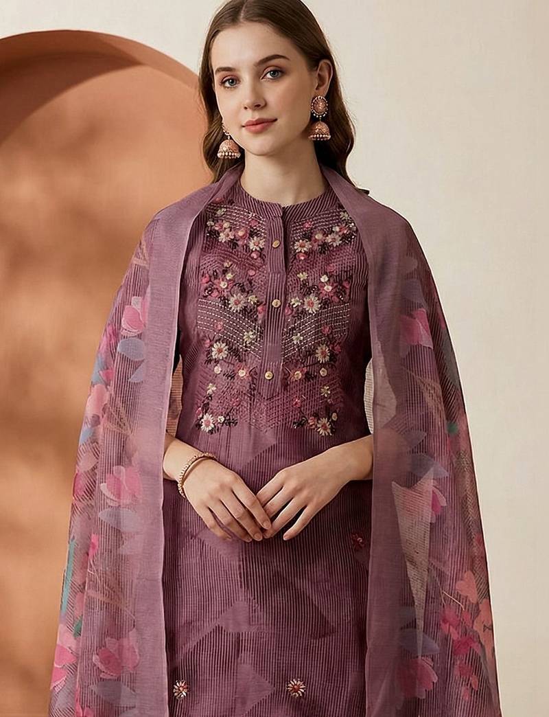 Women Floral Embroidered Regular Thread Work Chanderi Cotton Kurta with Trousers & With Dupatta