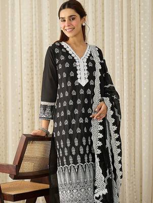 Women Ethnic Motifs Embroidered Regular Thread Work Pure Cotton Kurta with Trousers & With Dupatta 5