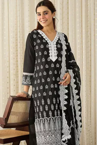 Women Ethnic Motifs Embroidered Regular Thread Work Pure Cotton Kurta with Trousers & With Dupatta