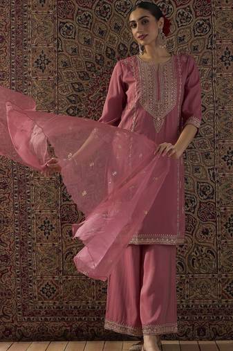 Ethnic Motifs Embroidered Notch Neck Zari Kurta With Palazzos & Dupatta
