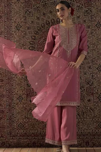 Ethnic Motifs Embroidered Notch Neck Zari Kurta With Palazzos & Dupatta
