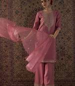 Ethnic Motifs Embroidered Notch Neck Zari Kurta With Palazzos & Dupatta