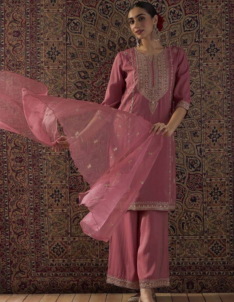 Ethnic Motifs Embroidered Notch Neck Zari Kurta With Palazzos & Dupatta