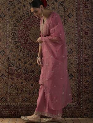 Ethnic Motifs Embroidered Notch Neck Zari Kurta With Palazzos & Dupatta 3