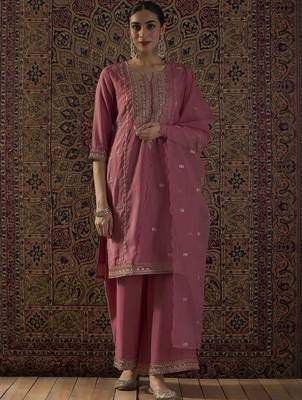 Ethnic Motifs Embroidered Notch Neck Zari Kurta With Palazzos & Dupatta 4
