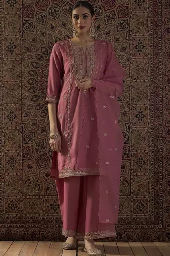 Ethnic Motifs Embroidered Notch Neck Zari Kurta With Palazzos & Dupatta