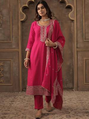 Women Ethnic Motifs Embroidered Regular Chanderi Cotton Kurta with Trousers & With Dupatta 1