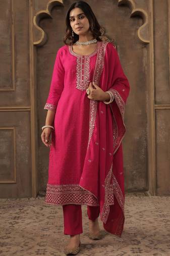 Women Ethnic Motifs Embroidered Regular Chanderi Cotton Kurta with Trousers & With Dupatta