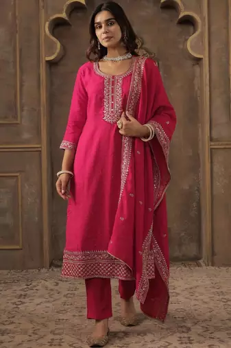 Women Ethnic Motifs Embroidered Regular Chanderi Cotton Kurta with Trousers & With Dupatta