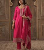 Women Ethnic Motifs Embroidered Regular Chanderi Cotton Kurta with Trousers & With Dupatta